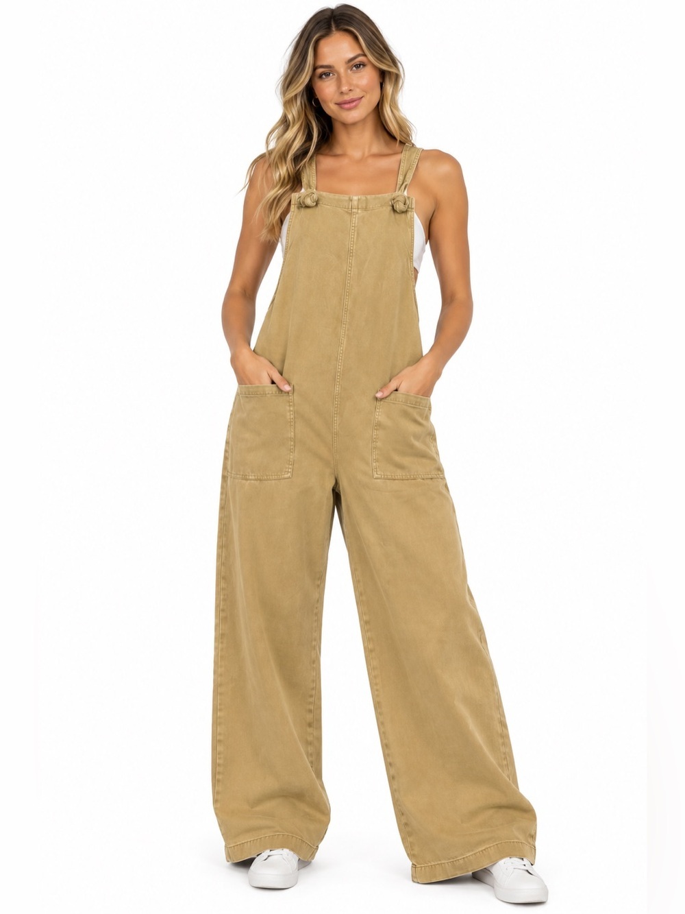 Zenana Outfitters Tan Jean Wide-Leg Overalls